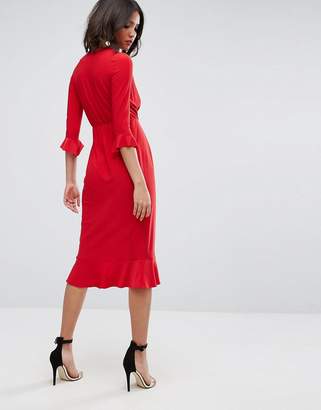 ASOS Design Wrap Front Midi Dress With Frill Detail