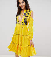 Thumbnail for your product : Frock And Frill Tall Cold Shoulder Velvet Smock Dress With Floral Embroidery