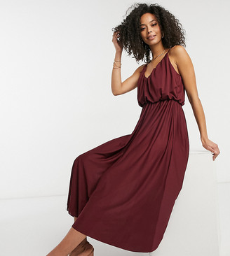 ASOS Tall ASOS DESIGN Tall cami plunge midi dress with blouson top in oxblood