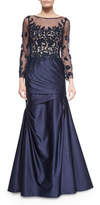Thumbnail for your product : La Femme Long-Sleeve Ruched Lace & Satin Gown, Navy