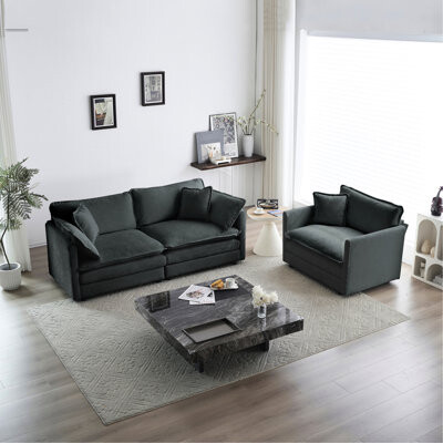 Latitude Run 2 Piece & Chair  Gray Chenille Furniture For Living Room Strong Solid Wood Frame Fabric Comfortable Sponge Fill And Accent 2 Furniture Breathable