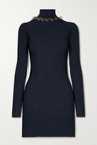 Thumbnail for your product : Dion Lee Chain-embellished Open-back Ribbed-knit Mini Dress - Midnight blue