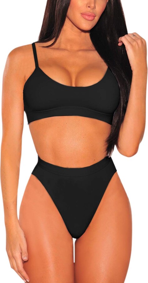 Viottiset Women's Push Up Pad High Cut High Waisted Cheeky Two Piece  Swimsuit Black - ShopStyle