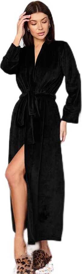 MAYILNSIN Woman's Black Long Velvet Robe Warm Winter Bathrobe with