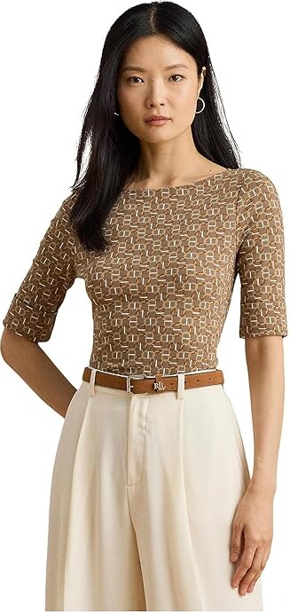 Lauren Ralph Lauren Geo-Print Stretch Cotton Boatneck T-Shirts Women's Clothing Taupe : XS, Cotton/Elastane