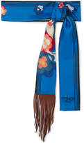 Fendi - Fringed Leather-trimmed Printed Silk-twill Scarf - Blue