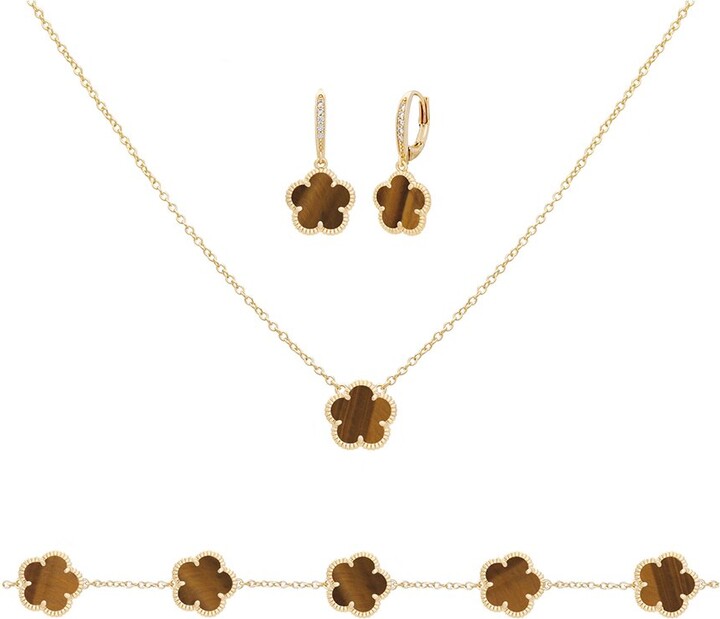 Jankuo Flower 14K Plated Tiger Eye Cz Earrings, Bracelet & Necklace Set