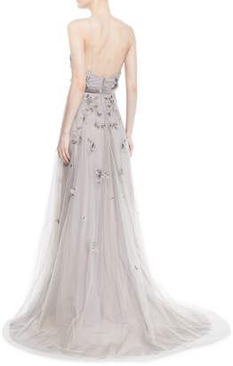 Marchesa Notte Floral Beaded Tulle Gown w/ Sheer Capelet
