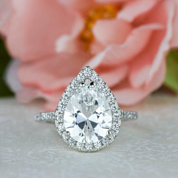 Etsy 3.5 Ctw Pear Halo Engagement Bridal Ring Half Eternity Pave Man Made Diamond Simulants Sterling Silver 40% Final Sale