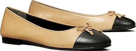 Tory Burch Cap-Toe Ballet Women's Shoes Ginger Shortbread/Perfect Black : 10.5 M, Leather