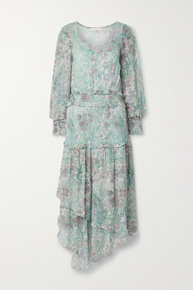 LoveShackFancy Carrillo Asymmetric Shirred Floral-print Georgette Dress - Sky blue