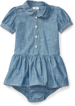 Ralph Lauren Childrenswear Short-Sleeve Smocked Cotton Chambray Dress, Blue, Size 6-24 Months
