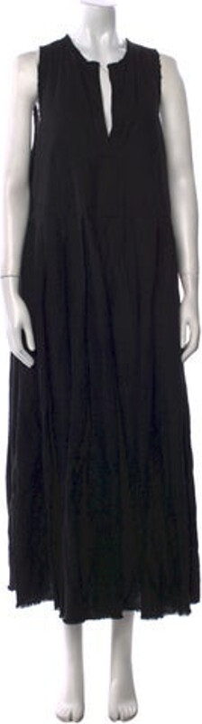 Rachel Comey Linen Tent Dress Black Pleated & Raw-Edge Accents Sleeveless with V-Neck Sash-Tie Closure at Back Designer