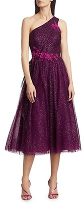 Marchesa Notte Glitter Tulle One-Shoulder Dress