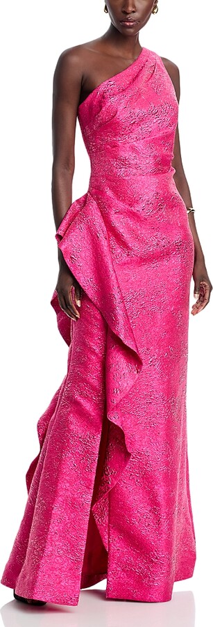 Teri Jon by Rickie Freeman Metallic Jacquard One-Shoulder Gown