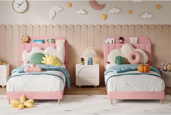 Garvee 2PCSTwinBedFramesUpholsteredPlatformBedFramewithBookcaseHeadboardVelvetPlatformBedMattressFoundationHeavyDutySteelSupportLegs
