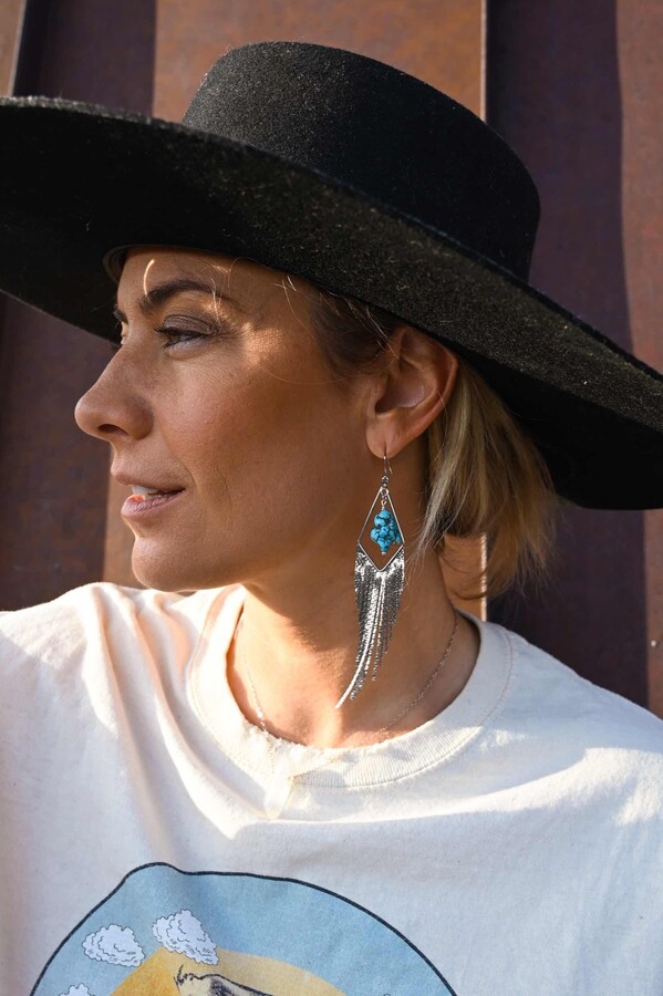 Turquoise Gemstone Silver Dangle Earrings - Boho Tassel Statement Bridal Handmade For Women