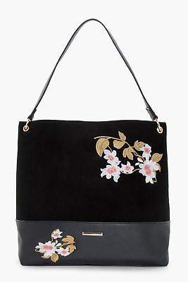 boohoo Womens Bella Embroidery Hobo Bag in Black size One Size