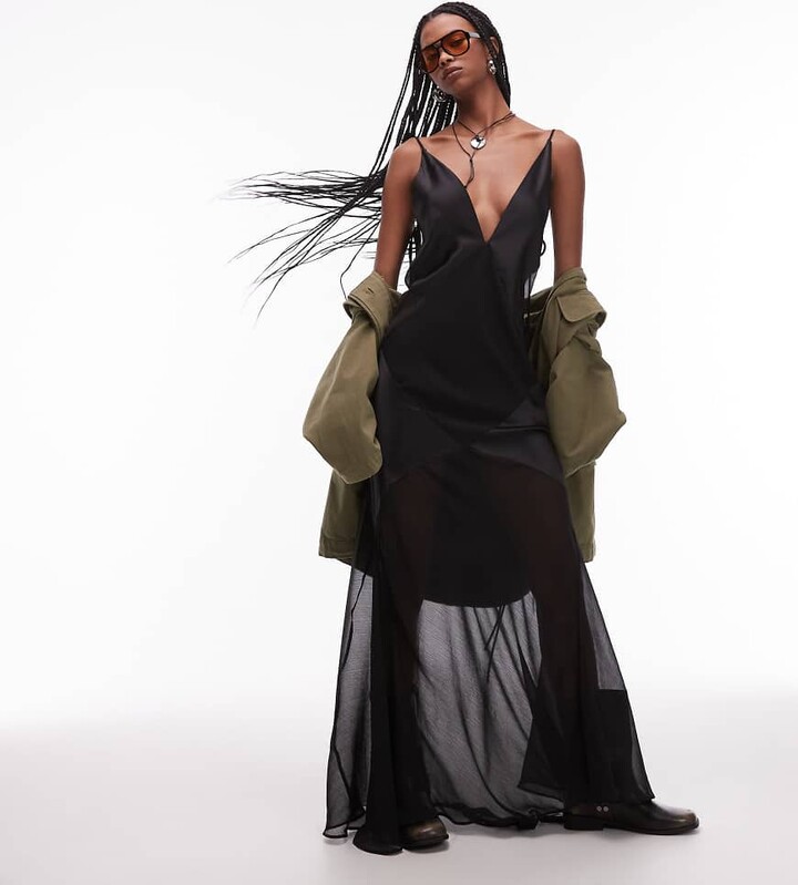 ASOS DESIGN satin sheer panel maxi slip dress in black ShopStyle