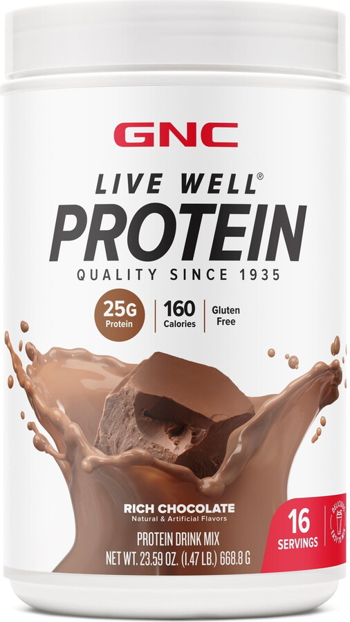 GNC Live Well Protein Powder, 25g Whey Protein, Rich Chocolate, Gluten Free, No Sugar Added, 16 Servings
