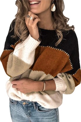 Generisch Women Casual Long Sleeve Color Block Stripe Knit Sweater  Lightweight Pullover Sweater Top Large Sweat Shirts