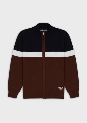 Emporio Armani Colour-Block, Hooded, Zipped Cardigan In Mixed Wool