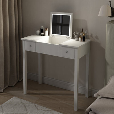 Multifunctional Vanity Desk With 3-Level Adjustable Lighting With Flip-Top Mirror & Storage 15.75" Deep Makeup Table 2 Drawers & 3 Removable Organizer