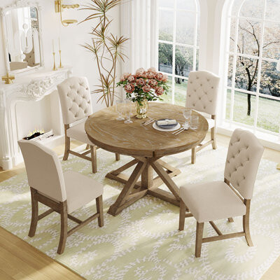 Lark Manor Functional Furniture Retro Style Dining Table Set With Extendable Table And 4 Upholstered Chairs For Dining Room And Living Room