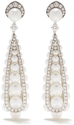 David Morris 18kt white gold Pearl Rose Deco diamond and pearl drop earrings