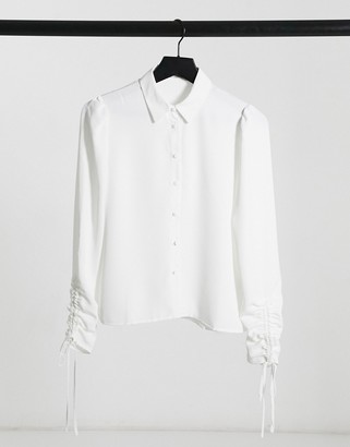 Pimkie ruched sleeve detail shirt in white