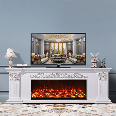 Bkoksety Retro Carved Electronic Fireplace TV Cabinet