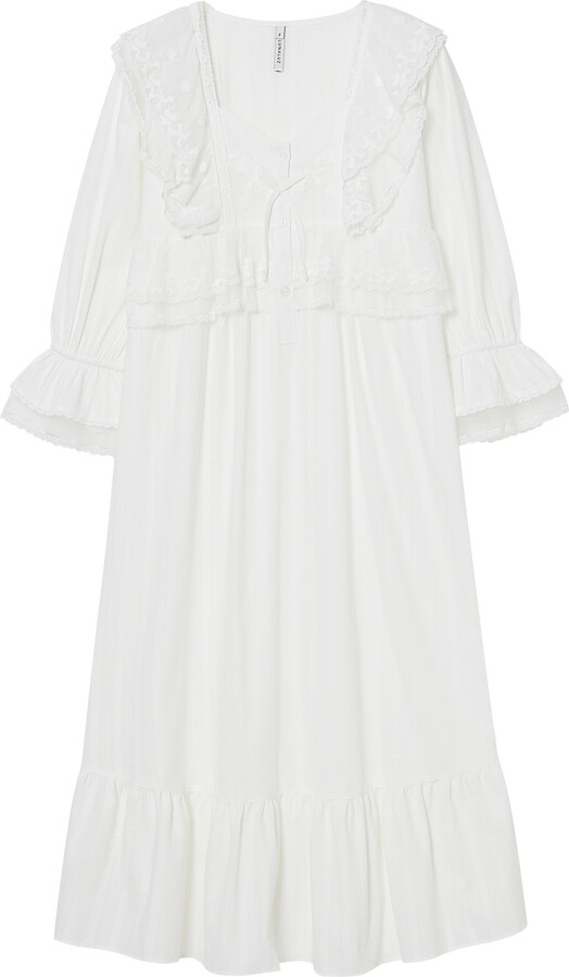 Luna Luz White Angelring Cotton Square-Neck Long-Sleeve Nightdress
