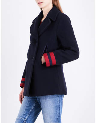 Sandro Ladies Navy Blue Double-Breasted Wool-Blend Peacoat