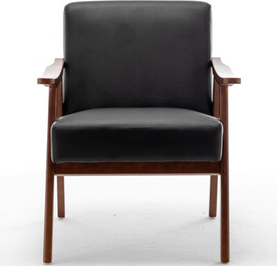 Mid-century Modern Wingback Chair With Solid Wood Structure, , Pu Leather, Black, For Bedroom And Living Room Chair, Modern, Wood, Bedroom, Reading Ro
