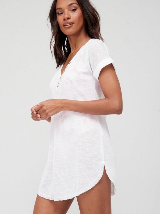 Very Roll Sleeve Linen Look slubby Beach Tunic - White - ShopStyle Swimsuit  Coverups