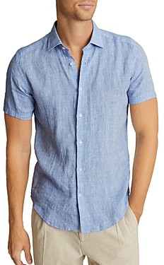 KLJR Men Cotton Linen Short Sleeve Single Pocket Color Block Button Down Shirt 
