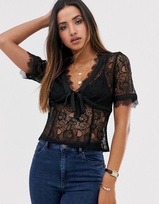 Fashion Union plunge front blouse with tie front in delicate lace