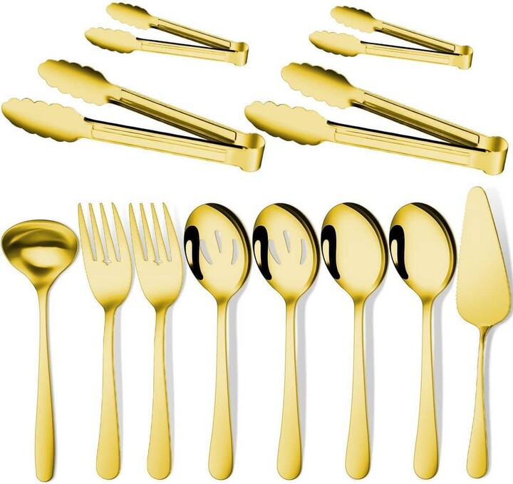 Wudkey 12-Pack Gold Serving Utensils Include Large Serving Spoons, Slotted Serving Spoons, Serving Forks, Serving Tongs