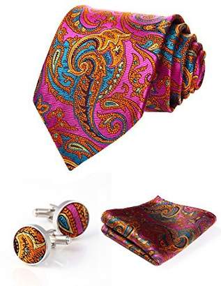 HISDERN Men's Paisley Wedding Silk Neck Tie and Pocket Square Cufflinks 3pcs Set Hot Pink/Orange