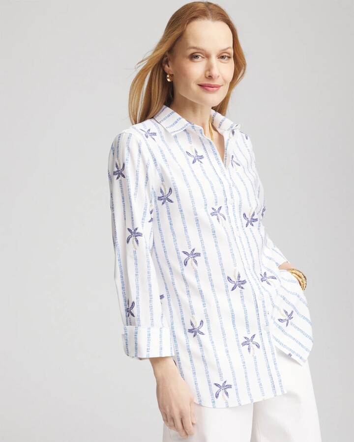 No Iron Palm Striped Sateen Shirt in Blue