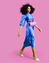 Thumbnail for your product : ASOS DESIGN pleat cowl neck satin midi tea dress with puff sleeve in cobalt