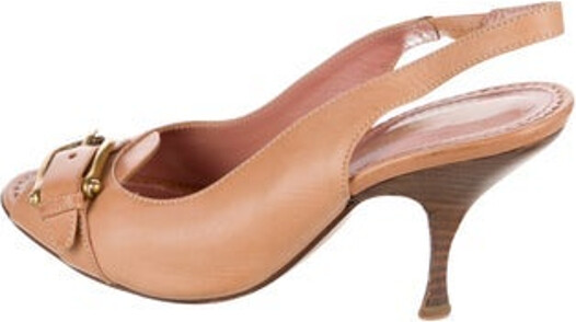Saint Laurent Leather Slingback Pumps Neutrals Peep-Toes Buckle Closure At Uppers Designer