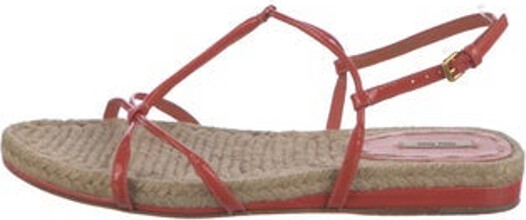 Miu Miu Patent Leather T-Strap Sandals Orange Jute Trim Multistrap & Buckle Closure at Ankles