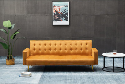 Mercer41 Velvet Bed Ginger, Golden Metal Legs, Comfortable For 3 People In Compact Areas Ginger With Soft Velvet, Suitable Small