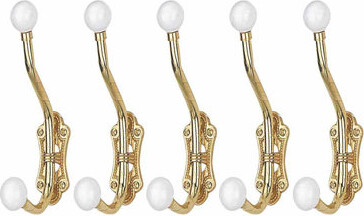 5 Coat Hooks Porcelain Knob Bright Solid Brass Set of 5 | Renovator's Supply