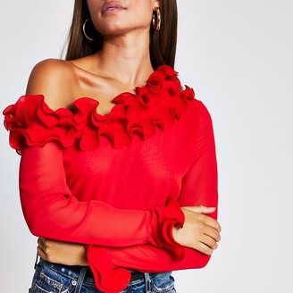 River Island Red long sleeve one shoulder frill top - ShopStyle 