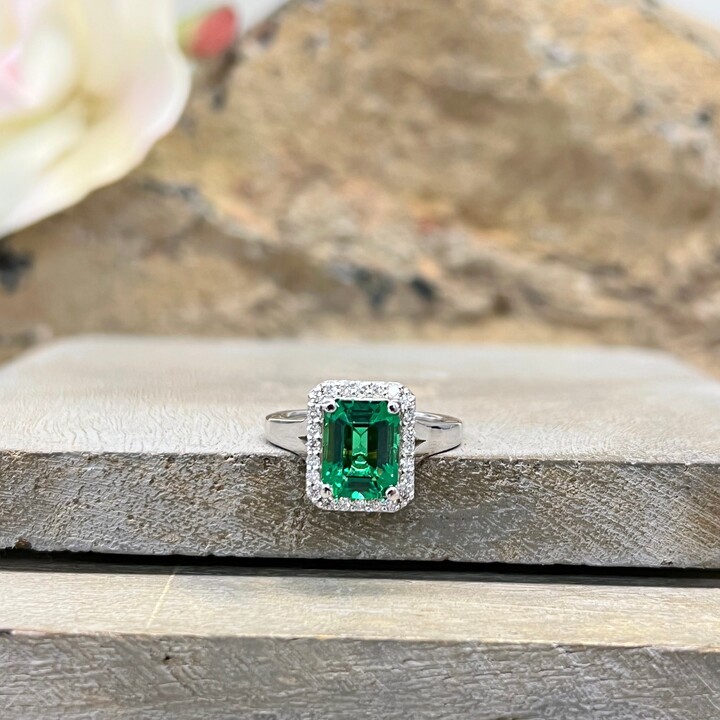 Etsy Emerald Cut Emerald Engagement Ring With Diamond Halo Set in 14K White Gold #5457