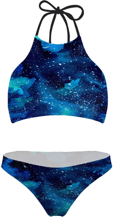 Renewold Women Girls Biniki Galaxy Space Blue Swimwear High Neck Halter ...