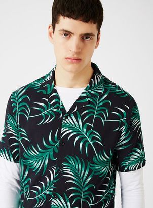Topman Green and Black Palm Print Short Sleeve Casual Shirt