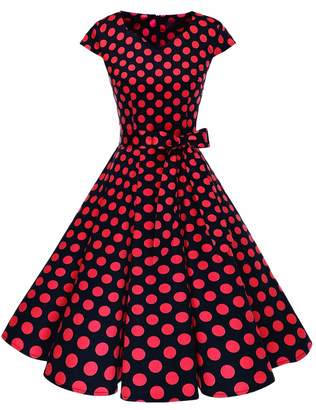 Dresstells® Women Retro 1950s Polka Dots Cocktail Rockabilly Vintage Cap-Sleeves Swing Dress XL